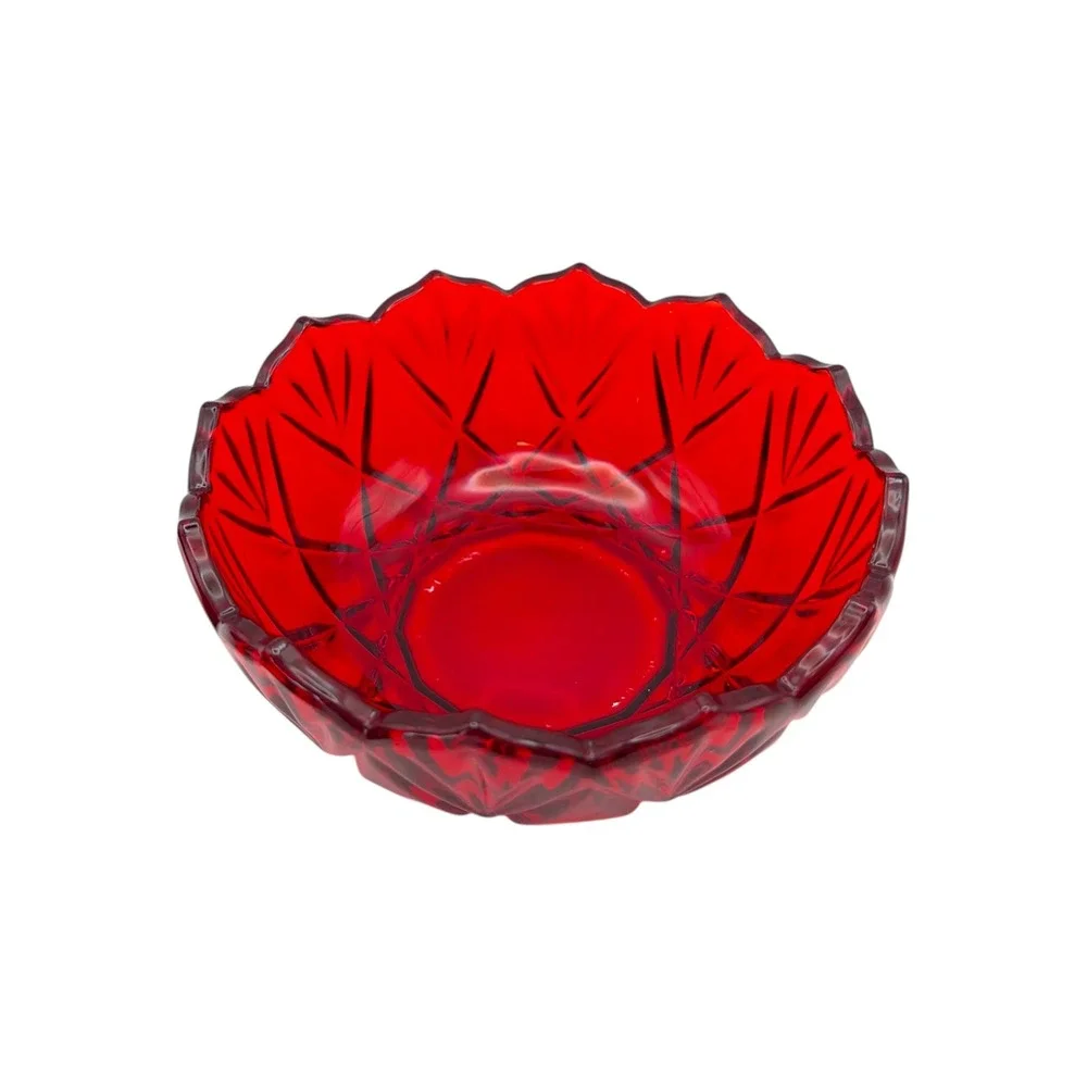 Vintage Ruby Red Cut Glass Covered Candy Dish Candy Box Bowl with Lid 6.5